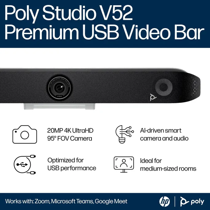 Poly Studio V52 USB-Videobar (WiFi/BT 5.0) Kleine bis Mittelgroße Meetingräume – Bild 3