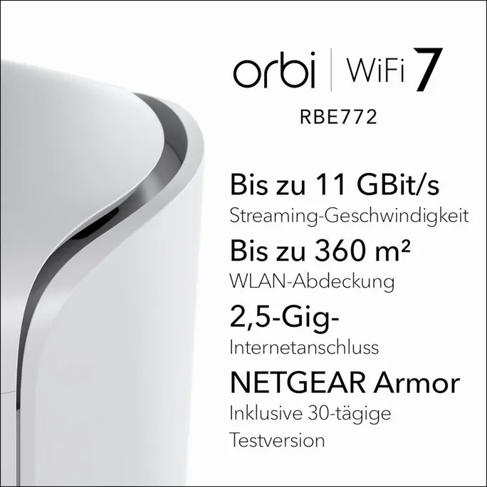 NETGEAR Orbi 770 Serie Tri-Band WiFi 7 Mesh-Netzwerksystem (RBE772) – Router + 1 Satellit-Repeater, Sicherheitsfunktionen, bis zu 11 Gbit/s, Abdeckung bis 360 m2, 100 Geräte, 2,5 GB Internetanschluss – Bild 3