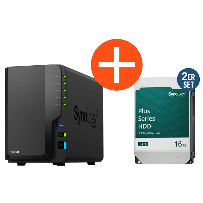 Synology DS225+ NAS System 2-Bay 32 TB inkl. 2x 16 TB Synology HDD HAT3310-16T